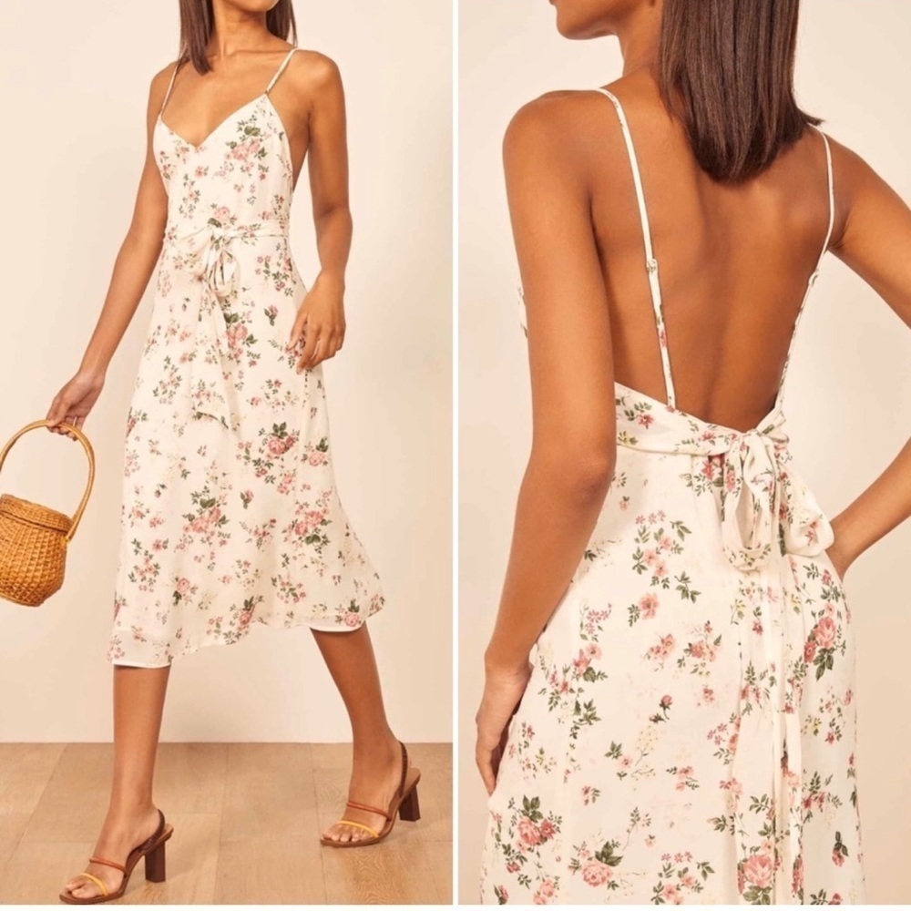 Reformation Dietrich Midi Slip Dress with Tie Sash Floral White Pink NWT!